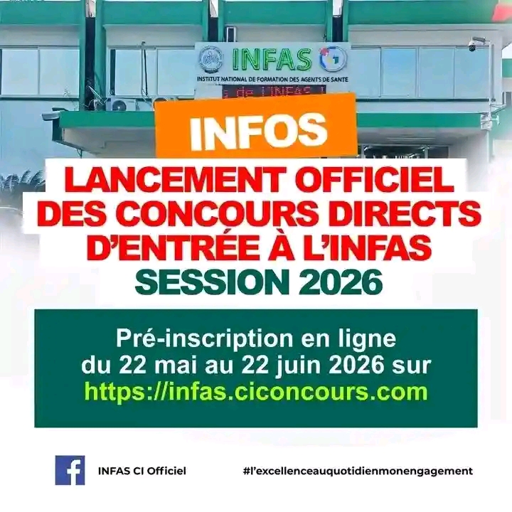 Côte d’ivoire : concours INFAS 2026, la préinscription en ligne ouverte jusqu’au 22 juin